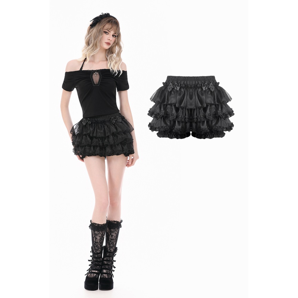 Dark in Love - PunkLolita Bloomer with Tiered Organza Ruffles and LaceTrimmed Cake Silhouette Shorts - Black